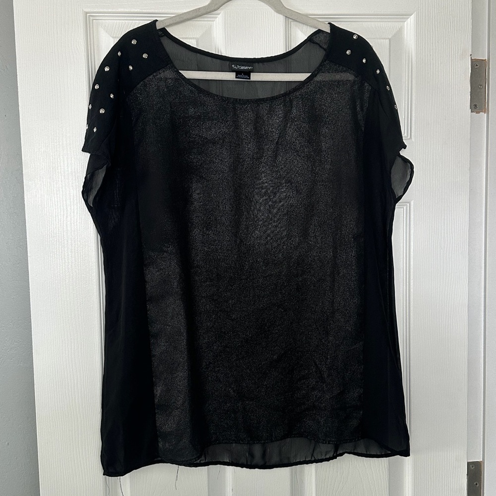 Language Black Sheer Blouse with Studded Shoulders